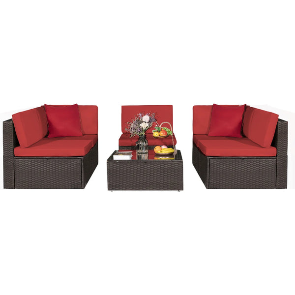 Homall 6 Pieces Patio Conversation Set Rattan Outdoor Sectional Set All Weahther Wicker with Chushions and Table, Red