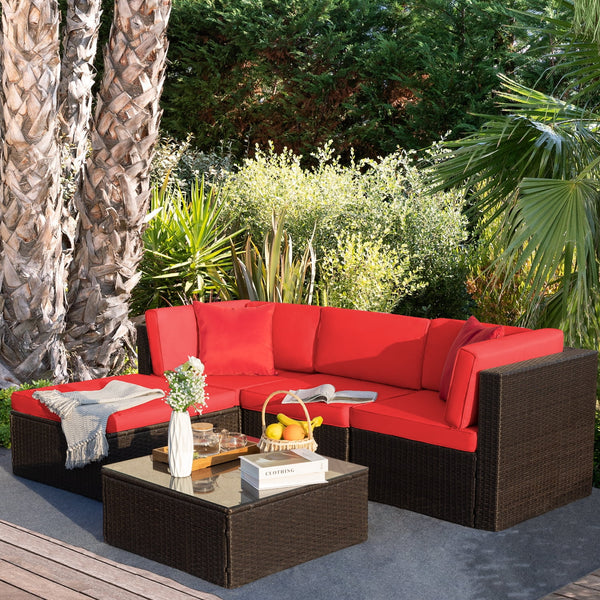 Homall 5 Pieces Patio Conversation Set Rattan Outdoor Sectional Set with Chushions and Table(Red)