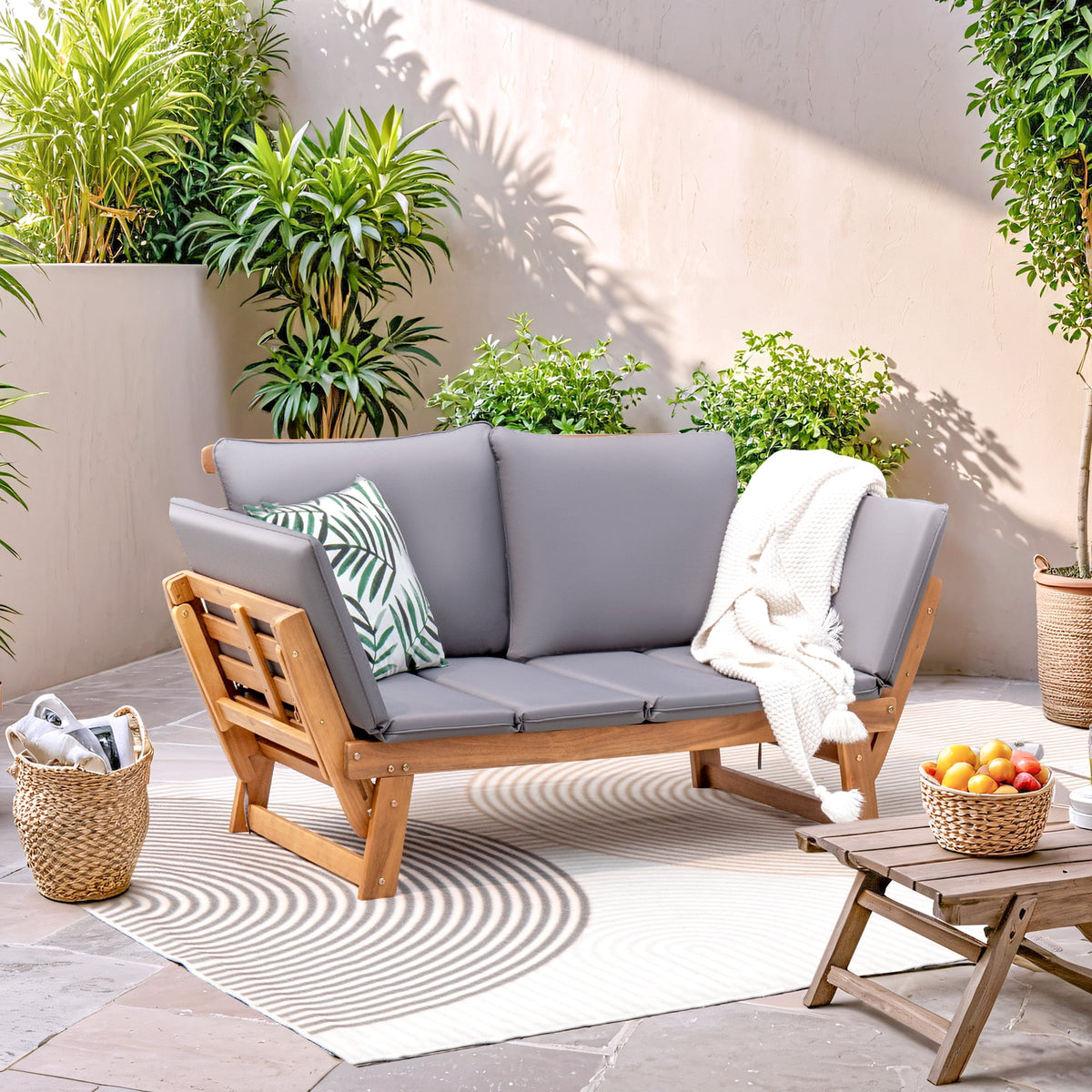 Homall Outdoor Sofa Patio Acacia Wood Daybed with Adjustable Armrests