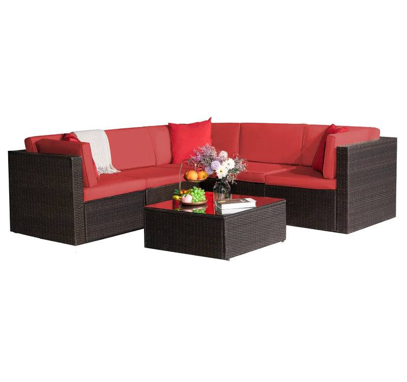 Homall 6 Pieces Outdoor PE Wicker Conversation Set Rattan Outdoor Sectional Set with Chushions and Table(Red)