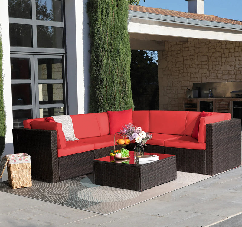 Homall 6 Pieces Outdoor PE Wicker Conversation Set Rattan Outdoor Sectional Set with Chushions and Table(Red)