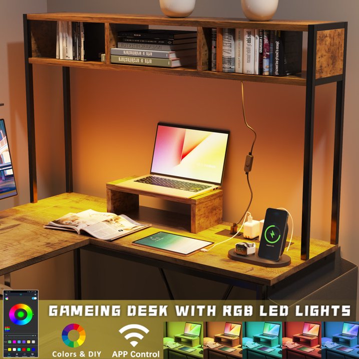 Homall L-Shaped Office Desk Gaming Table with LED Lights, Storage Rack, Built-in Socket, Computer Stand, Organizer Pocket, Keyboard Drawer,