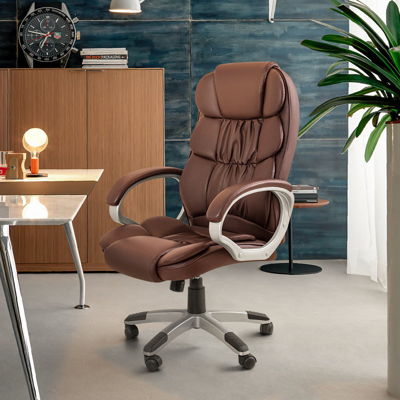 Leather High Back Office Chair Ergonomic Executive Office Chair Swivel Computer Desk Chair Lumbar Support Soft Cushioned Padded Arms