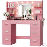 Homall Vanity Desk with Mirror and LED Lights, Makeup Vanity with 7 Drawers & 4 Shelves, Vanity Table with Power Outlet for Bedroom Dressing Room