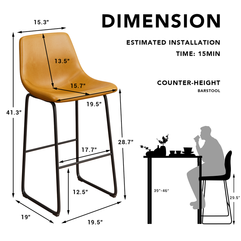 Homall Barstools High PU Leather Counter Bar Stool With Back and Footrest Set of 2, Light Brown