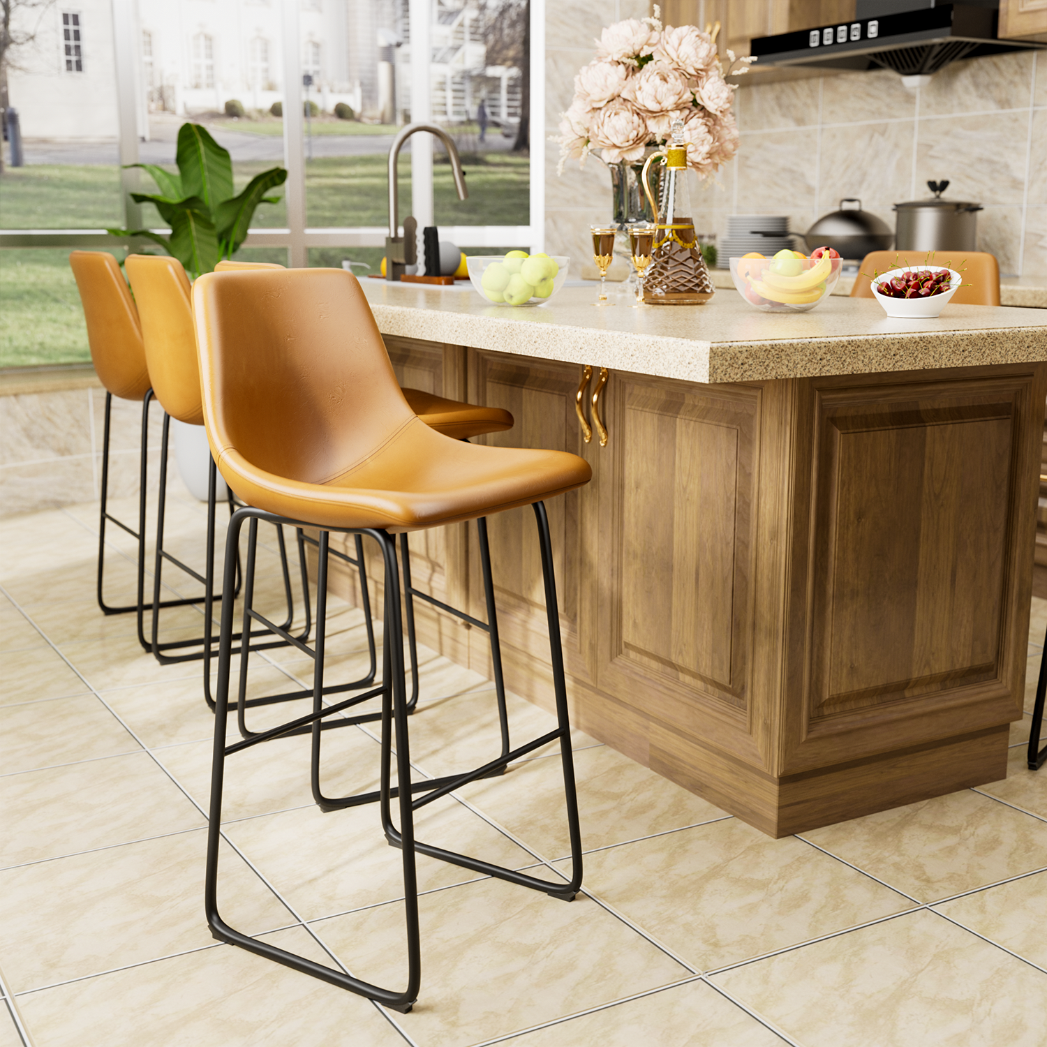 Brown Faux Leather Leather Counter Bar Stools 3pk Bowden Faux