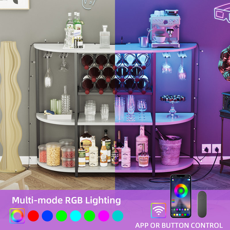 Homall Wine Bar Cabinet with RGB LED Lights Outlet, Bar Table Home Mini Bar Coffee Bar with Power Strip , Kitchen & Bar Wine Rack with Mobile App Control