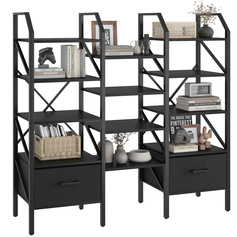 Homall Open Display Shelf with Storage Cabinet Triple Wide Tiers Industrial Bookcases and Bookshelves with Wood and Metal Frame