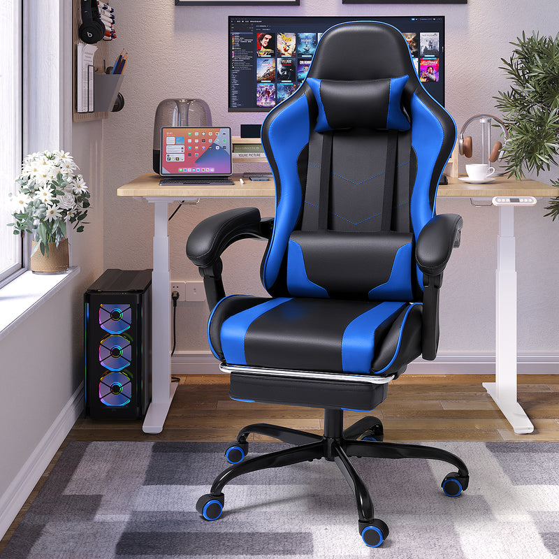 Lacoo PU Leather Gaming Chair Massage Ergonomic Gamer Chair Height Adjustable Computer Chair with Footrest & Lumbar Support,Blue