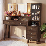 Homall 48'' Makeup Vanity Set with Large Mirror & LED Lights, Retro Vanity Desk with 7 Drawers & 3 Shelves, Vanity Table with Charging Station for Bedroom