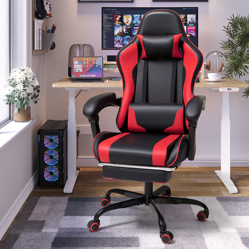 Lacoo PU Leather Gaming Chair Massage Ergonomic Gamer Chair Height Adjustable Computer Chair with Footrest & Lumbar Support,Red