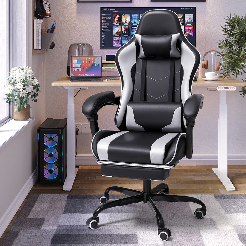 Lacoo PU Leather Gaming Chair Massage Ergonomic Gamer Chair Height Adjustable Computer Chair with Footrest & Lumbar Support,White