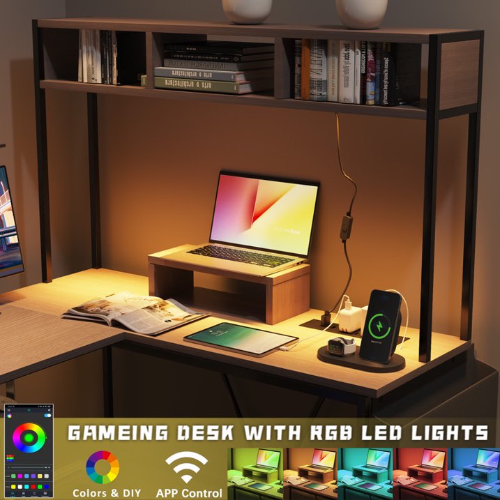 Homall L-Shaped Office Desk Gaming Table with LED Lights, Storage Rack, Built-in Socket, Computer Stand, Organizer Pocket, Keyboard Drawer,