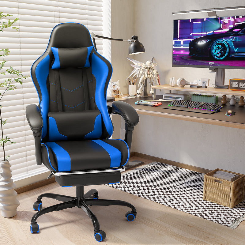 Lacoo PU Leather Gaming Chair Massage Ergonomic Gamer Chair Height Adjustable Computer Chair with Footrest & Lumbar Support,Blue