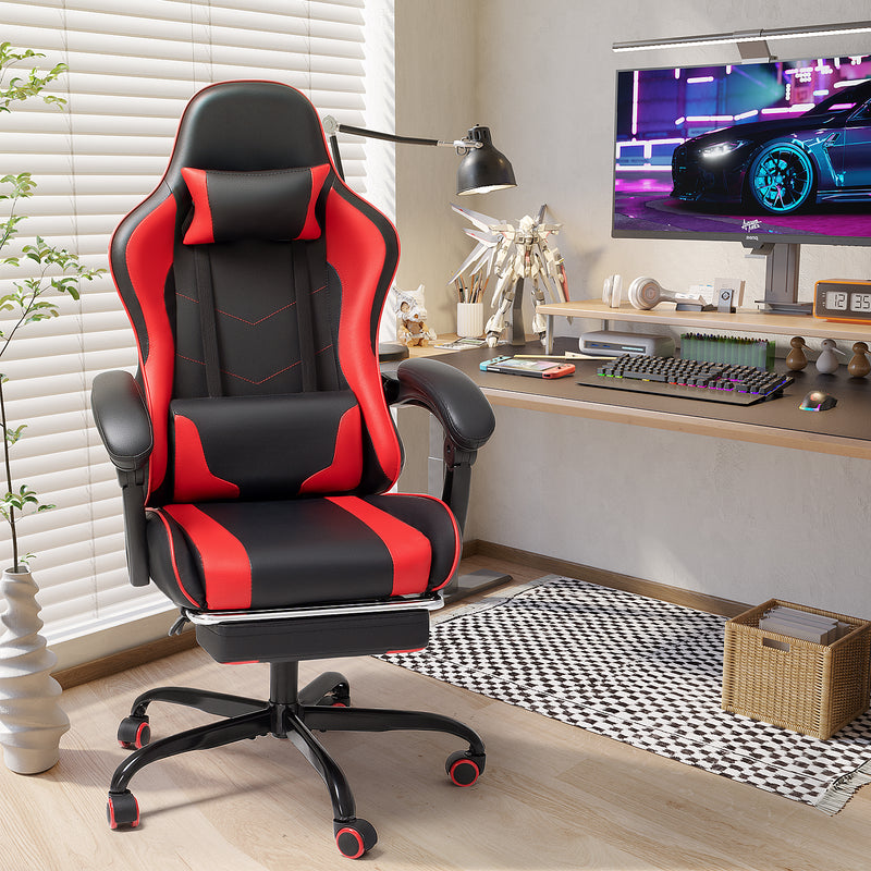 Lacoo PU Leather Gaming Chair Massage Ergonomic Gamer Chair Height Adjustable Computer Chair with Footrest & Lumbar Support,Red