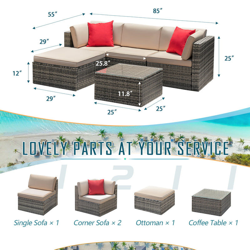 Homall 5 Pieces Patio Sectional Sofa Sets All-Weather PE Rattan Conversation Sets With Glass Table