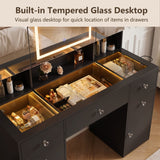 Homall Makeup Vanity with LED Mirror & Charging Station, Vanity Set with Mirrored Cabinet, Drawers & Glass Tabletop, Black Vanity Desk for Bedroom