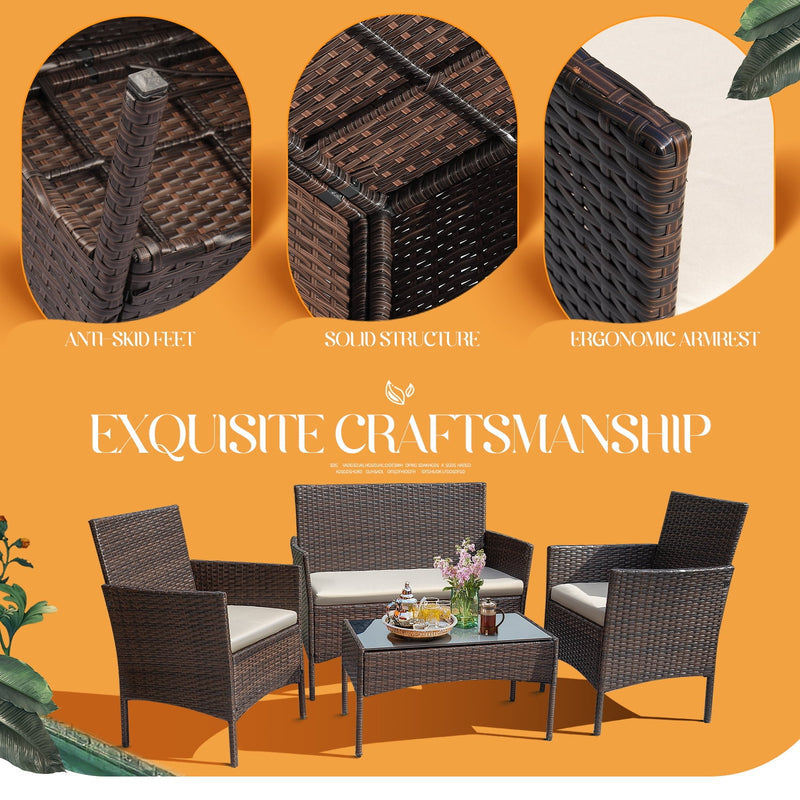 Homall 4 Piece Outdoor Conversation Set Brown PE Rattan Wicker Table and Chairs Set