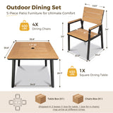 Homall 5-Piece Outdoor Dining Set, 35.8" Square Patio Table with Umbrella Hole and 4 Armrest Chairs, Aluminum Outdoor Furniture Sets for Garden, Brown-Teak