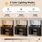 Homall Makeup Vanity with LED Mirror & Charging Station, Vanity Set with Mirrored Cabinet, Drawers & Glass Tabletop, Black Vanity Desk for Bedroom