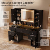 Homall Makeup Vanity with LED Mirror & Charging Station, Vanity Set with Mirrored Cabinet, Drawers & Glass Tabletop, Black Vanity Desk for Bedroom