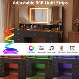 Homall Makeup Vanity with LED Mirror & Charging Station, Vanity Set with Mirrored Cabinet, Drawers & Glass Tabletop, Black Vanity Desk for Bedroom