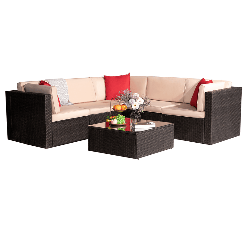 Homall 6 Pieces Outdoor PE Wicker Conversation Set Rattan Outdoor Sectional Set with Chushions and Table(Beige)