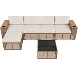 Homall 5-Seat Patio Furniture Set Outdoor Wicker Sectional Sofa with Cushions Modular with Wide Wood Armrests & Built-In Cup Holders, Beige