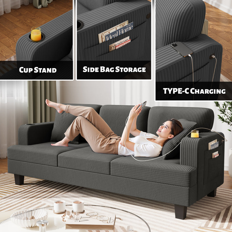 Homall 84''W Modern Sofa 3 Seat Adult Corduroy Couch with Wide Armrest Fabric Couch with USB Charging Ports for Living Room