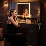 Homall Makeup Vanity with LED Mirror & Charging Station, Vanity Set with Mirrored Cabinet, Drawers & Glass Tabletop, Black Vanity Desk for Bedroom