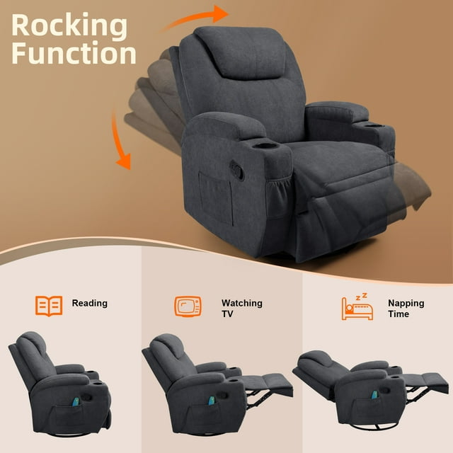 Homall Rotary Massage Heated Function Recliner, PU Leather Single Living Room Sofa Seat, Black, 31.75" L x 31" W x 90" H