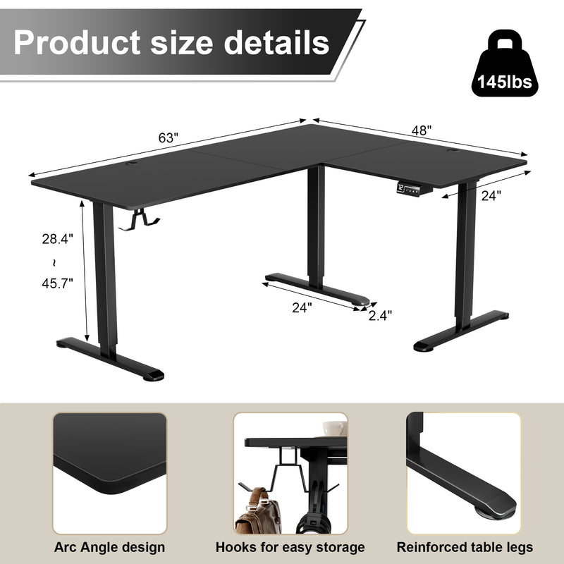 Homall 63in Wide L-shaped Electric Sit-Stand Desk Lifting Range 28~46in Height Gear Memory Ergonomics Standing Desk Height Adjustable Computer Desk