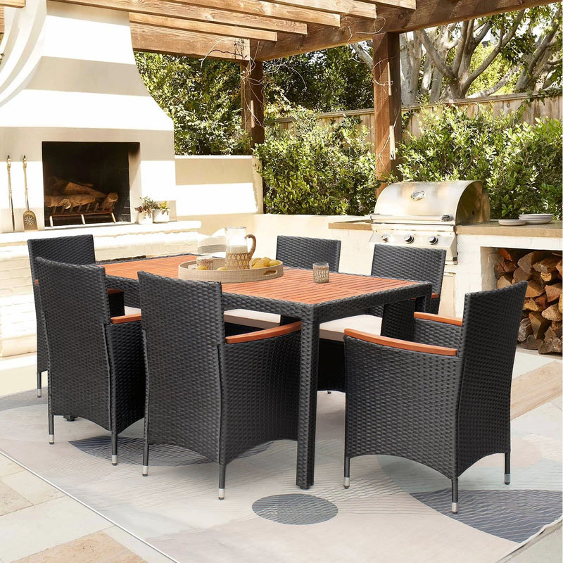 Homall 7 Pieces Outdoor Patio Dining Set with PE Rattan Wicker Dining Table and Chairs Acacia Wood Tabletop, Curved Wood Armrest Chairs with Cushions