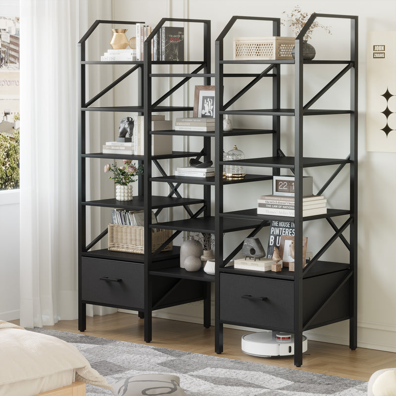 Homall Open Display Shelf with Storage Cabinet Triple Wide Tiers Industrial Bookcases and Bookshelves with Wood and Metal Frame
