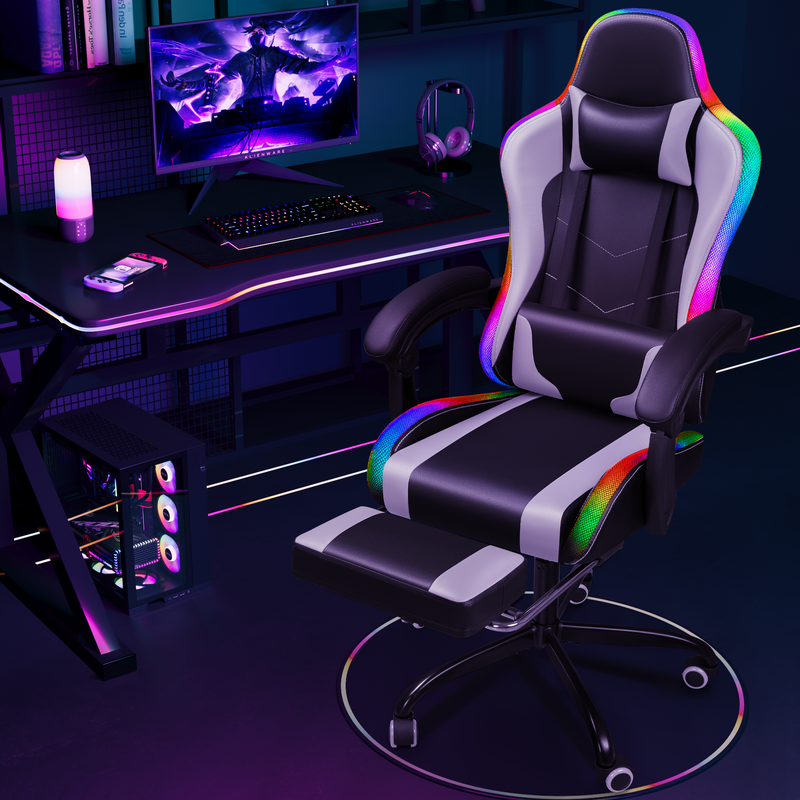 Homall L Shaped Gaming Desk and Chair Set, Carbon Fiber Desktop Corner Computer Desk RGB Massage Ergonomic Racing Chair E-Sports LED Lights RGB Gaming Chair with Footrest