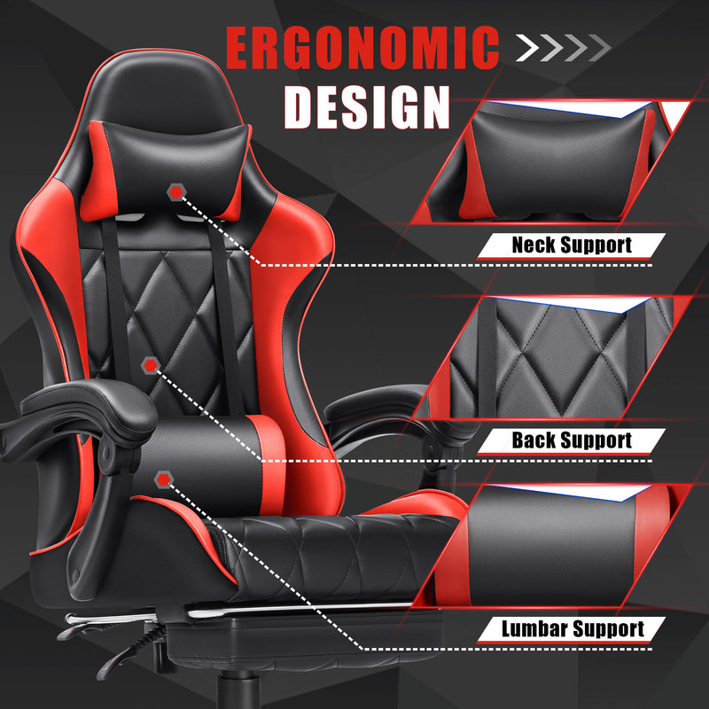 Homall Gaming Chair Massage Office Chair Computer Racing Chair High Back PU Leather Chair with Footrest, Red