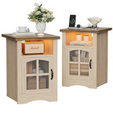 Homall Nightstand Set of 2 with Charging Station & Adjustable LED Lights, End Table Bedside Table with Glass Door & Open Shelf for Bedroom Living Room