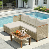 Homall Outdoor Wicker Furniture Set 3 Pieces Patio Chaise Conversation Set, L-Shaped Rattan Sofa Couch with Acacia Wood Coffee Table for Deck Porch and Garden