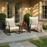 Lacoo 3 Pieces Patio Conversation Set Outdoor Rocking Bistro Set Wicker Furniture PE Rattan Chairs with Table for Lawn Courtyard Garden Balcony