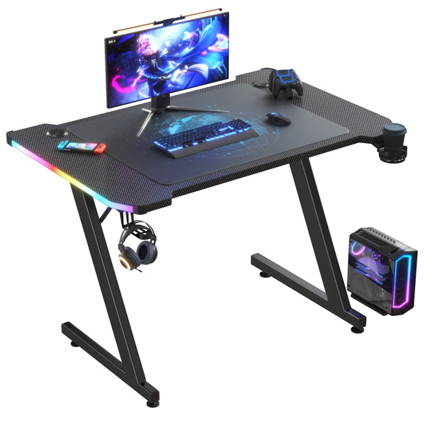 Homall 47 Inches Z-Shaped Gaming Desk with RGB Lights, Carbon Fiber Desk Office Desk with Large Mouse Pad, Cup-Holder & Headphone Hook, Black