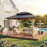 Homall 12x16 FT Wood Gazebo China Fir Permanent Pavilion with Galvanized Steel Hardtop Double Roof for Patio Garden Backyard
