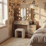 Homall Makeup Vanity Desk with LED Lights, Mirror & Power Outlet, Dressing Table with 4 Shelves and 5 Drawers, Vanity Set & Nightstand for Bedroom