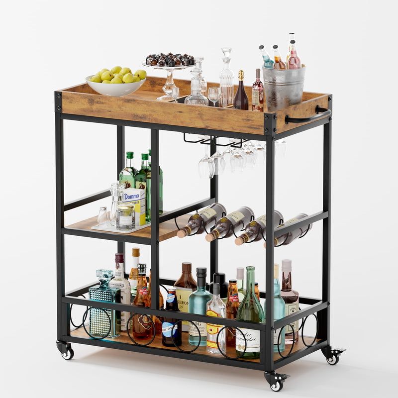 Homall Bar Cart 3 layers removable storage tray with wine rack, glass holder, basket layer, rolling drink cart, mobile bar service cart with handles, removable wooden tray and black metal frame