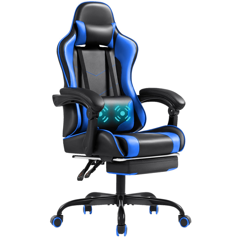 Lacoo PU Leather Gaming Chair Massage Ergonomic Gamer Chair Height Adjustable Computer Chair with Footrest & Lumbar Support,Blue