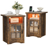 Homall Nightstand Set of 2 with Charging Station & Adjustable LED Lights, End Table Bedside Table with Glass Door & Open Shelf for Bedroom Living Room