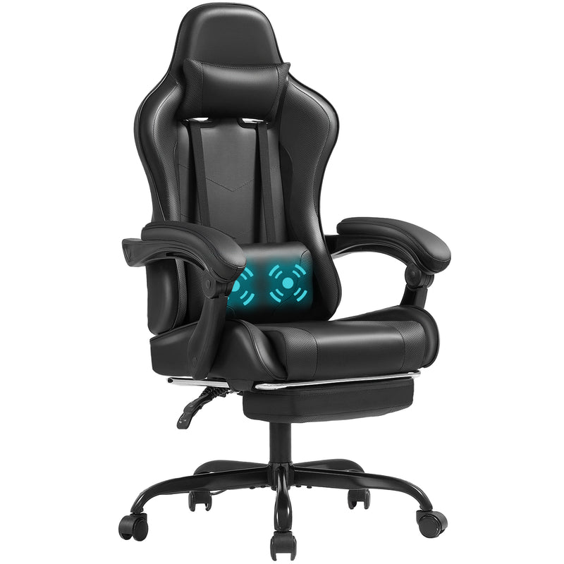 Lacoo PU Leather Gaming Chair Carbon Fiber Massage Ergonomic Gamer Chair Height Adjustable Computer Chair with Footrest & Lumbar Support,Black