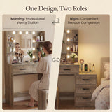 Homall Makeup Vanity Desk with LED Lights, Mirror & Power Outlet, Dressing Table with 4 Shelves and 5 Drawers, Vanity Set & Nightstand for Bedroom