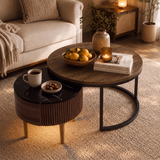 Homall 2-Piece Nesting Coffee Table Set, Round Coffee Tables with Hidden Drawer and Motion Sensor LED Light, Modern Living Room Tables with Storage and Metal Base, Walnut & Black