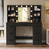 Homall Vanity Desk with Mirror and LED Lights, Makeup Vanity with 7 Drawers & 4 Shelves, Vanity Table with Power Outlet for Bedroom Dressing Room