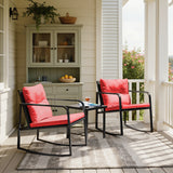 Lacoo 3 Pieces Outdoor Rocking Chair Furniture Sets Modern Patio Furniture Set Rocking Wicker Bistro Sets Cushioned PE Rattan Chairs Conversation Sets with Glass Coffee Table